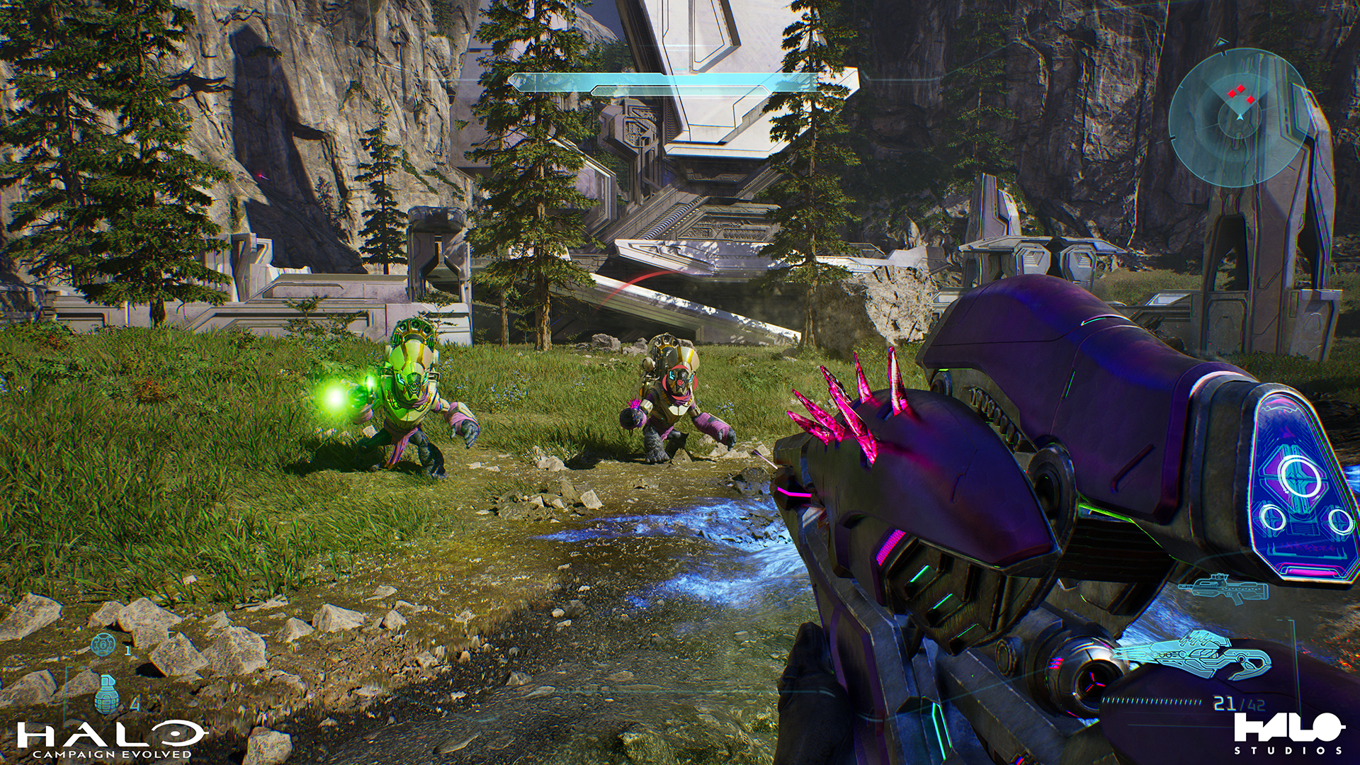 A first-person view of the Halo: Campaign Evolved campaign with the player holding a Needle Rifle while looking at two Grunts.