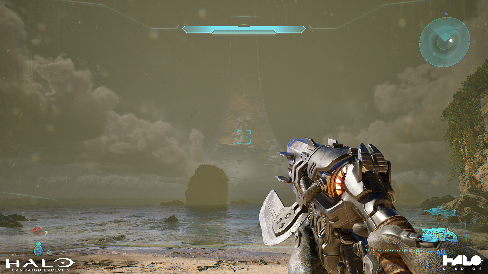 A screenshot from Halo: Campaign Evolved with the player holding a Brute Spiker with the screen affected by the Spore Visibility modifier.