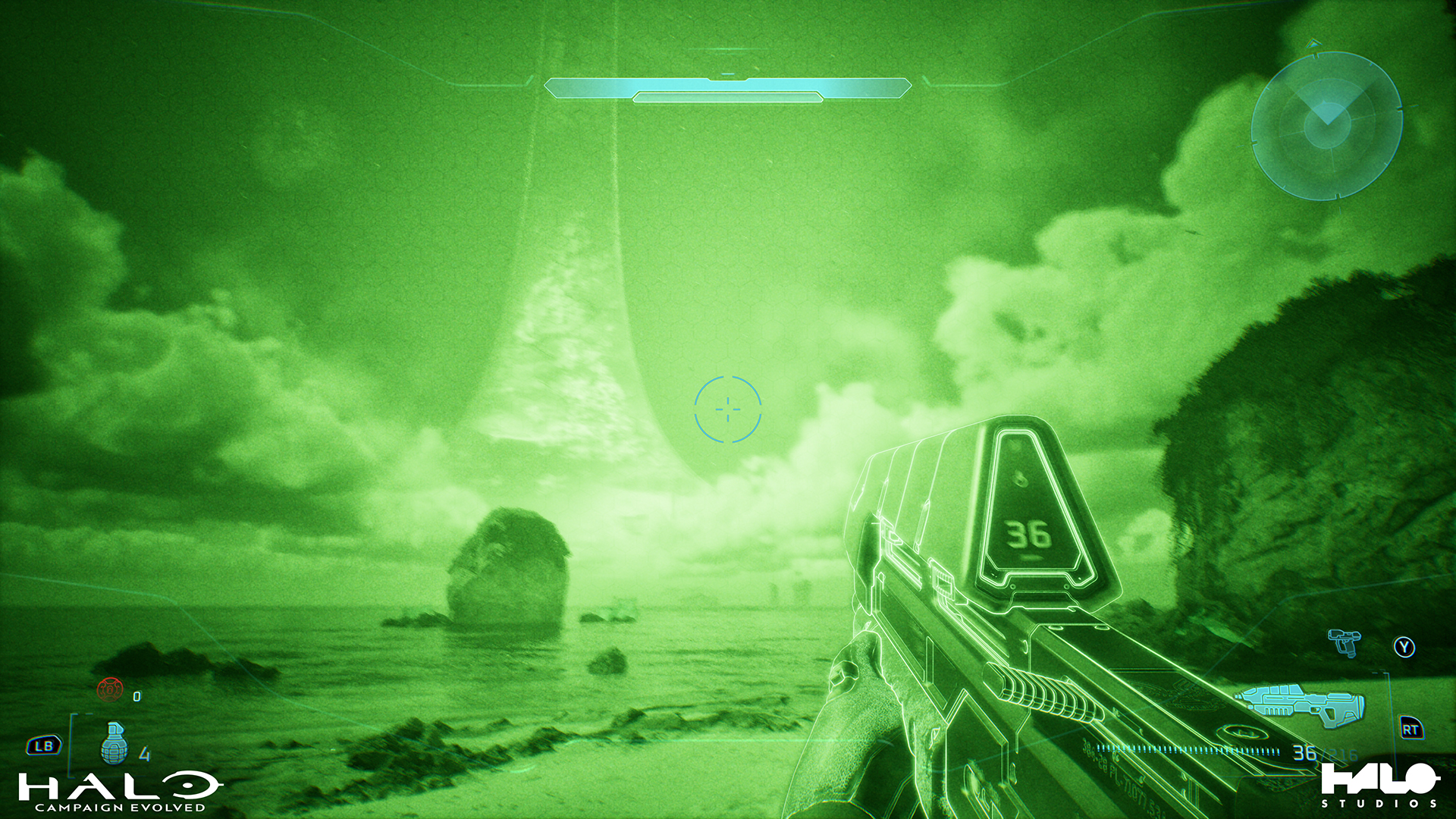 A screenshot from Halo: Campaign Evolved with the player holding an Assault Rifle while being affected by the Night Vision visibility effect.
