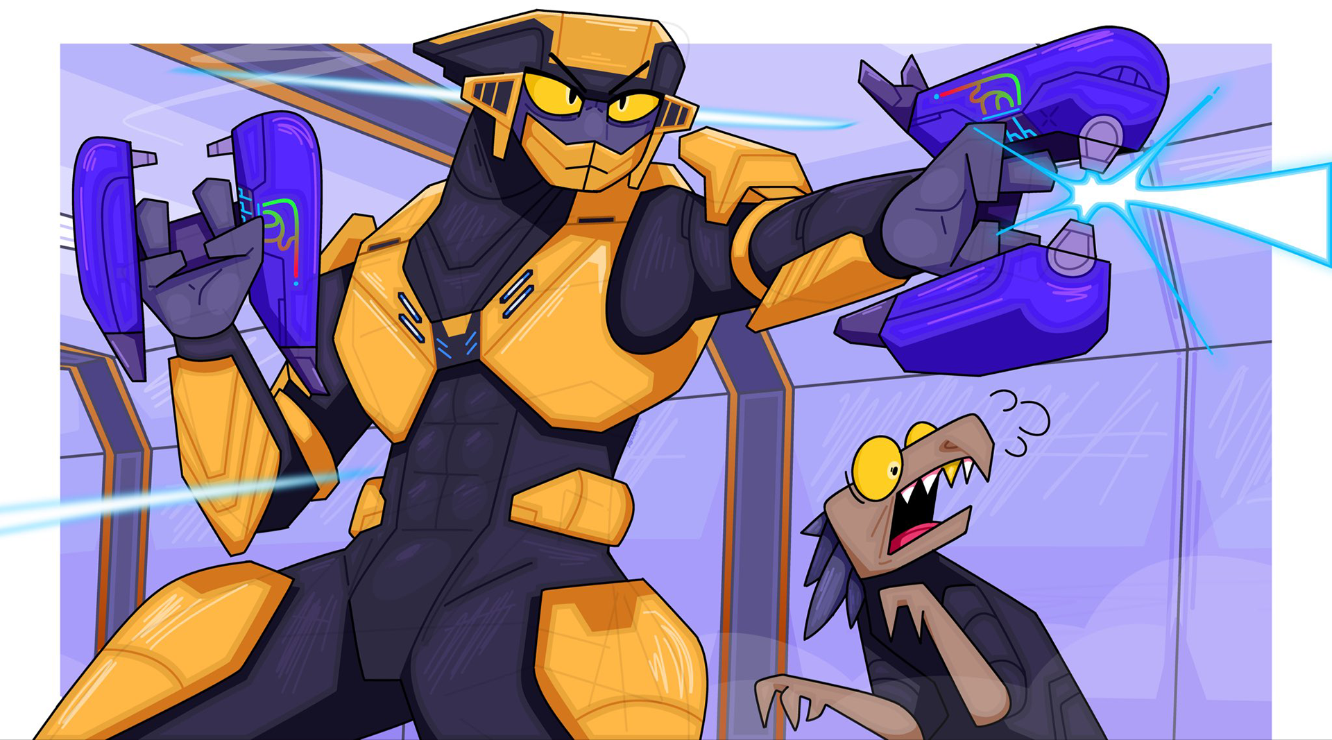 An Elite dual wielding Plasma Rifles while a Jackal looks scared.