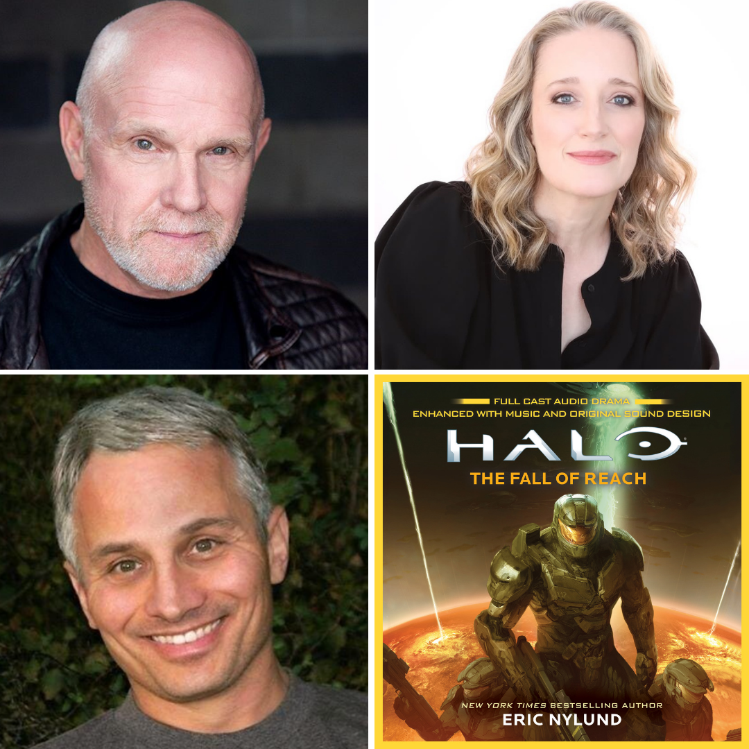 A 4 image panel featuring Steve Downes, Jen Taylor, Tim Dadabo, and the cover of Halo: The Fall of Reach, the full cast audio drama.