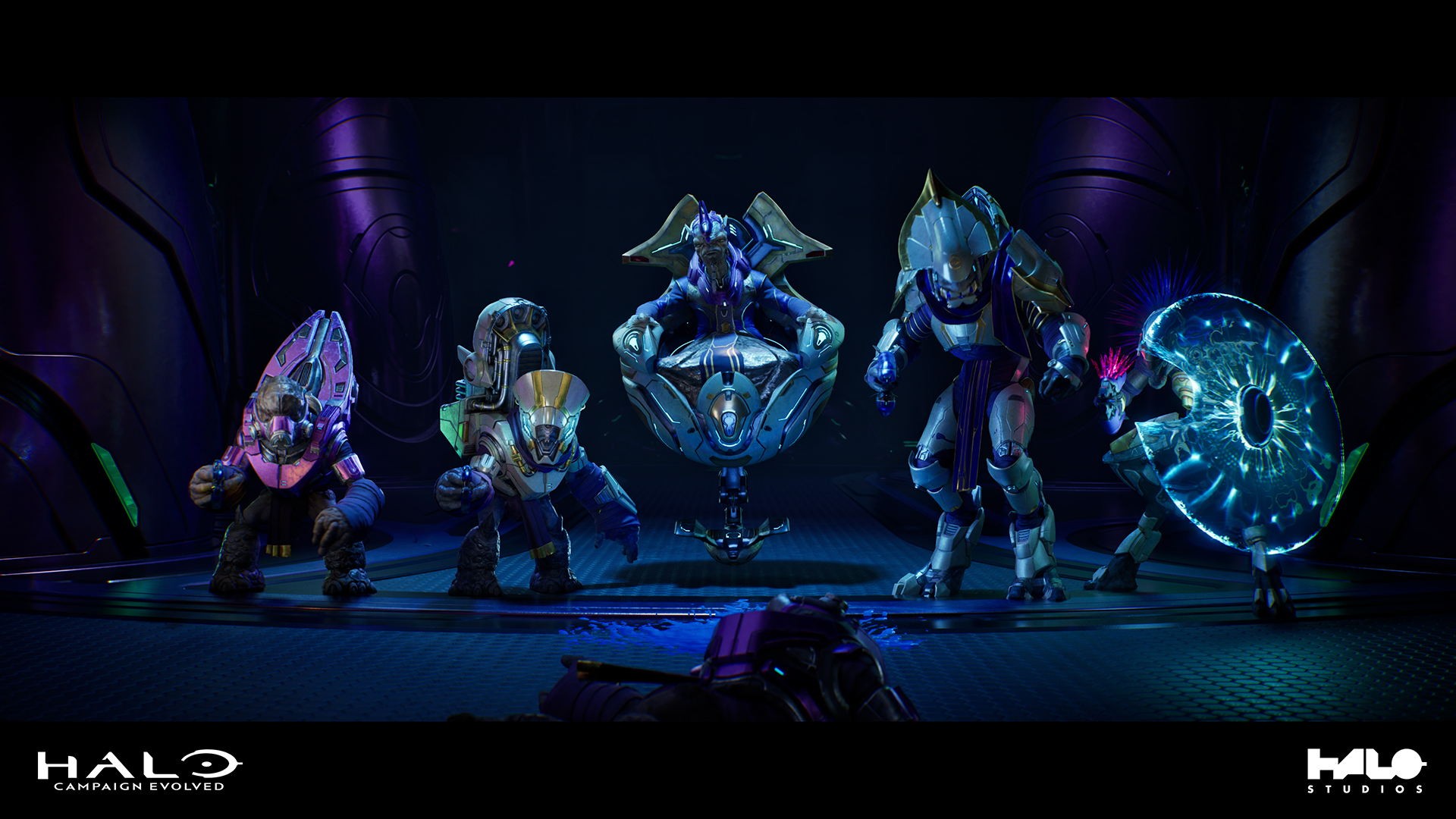 Halo: Campaign Evolved screenshot of (from left to right) two Grunts, a Prophet, an Elite, and a Jackal.