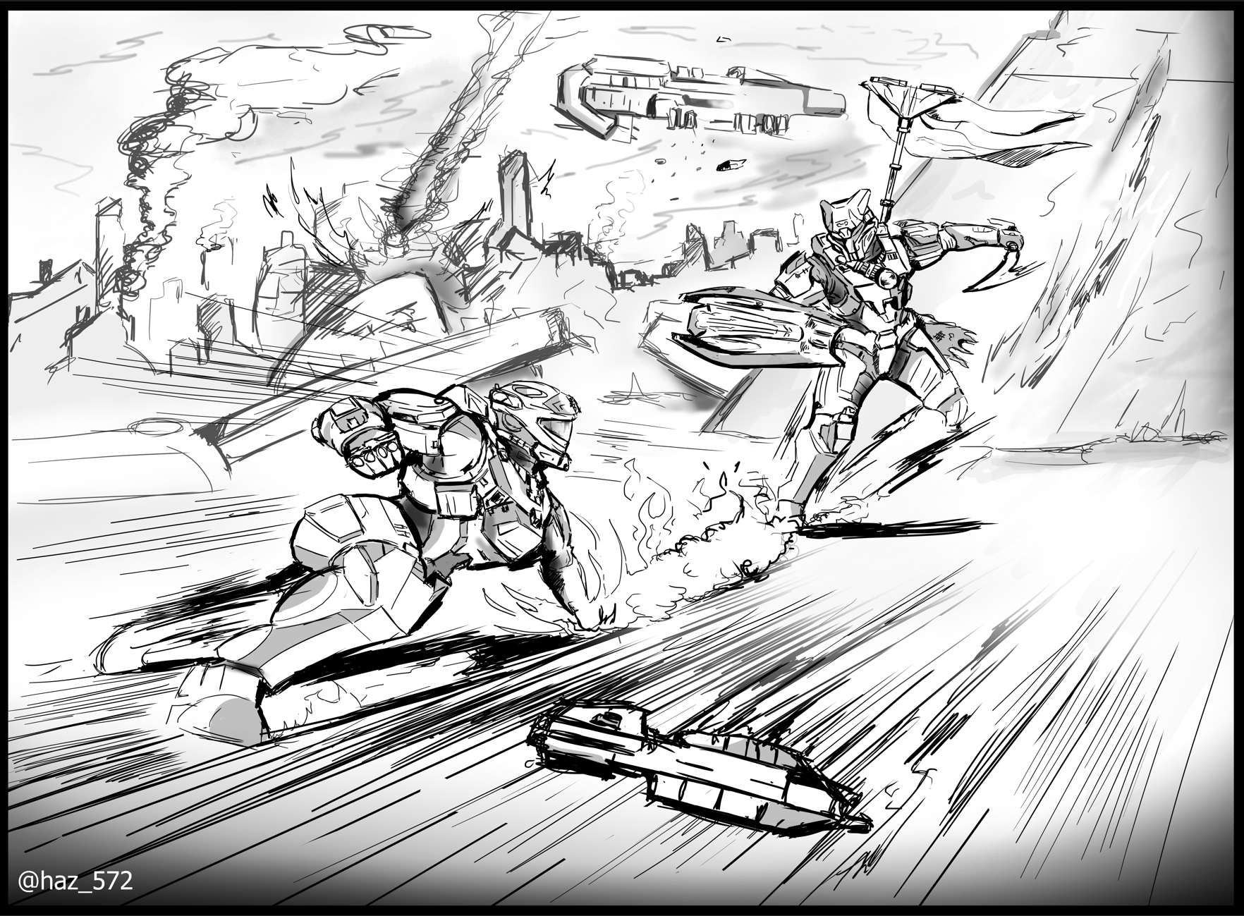 A black and white sketch of Master Chief fighting the Banished.