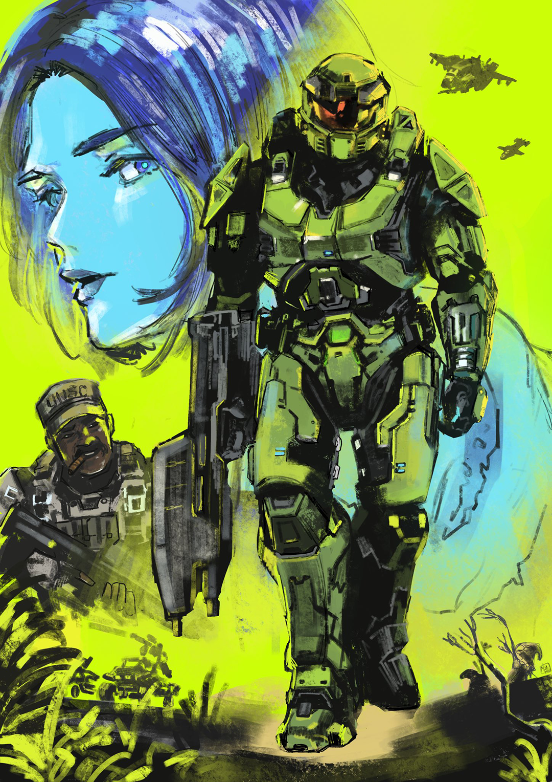 Master Chief with Cortana and Johnson.
