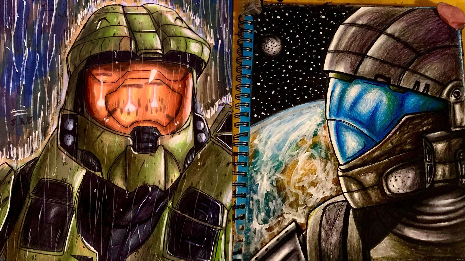 Two drawings: One of Master Chief and one of an O D S T.