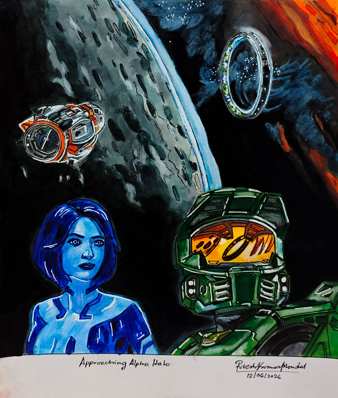 Master Chief and Cortana with space and a Halo ring in the background
