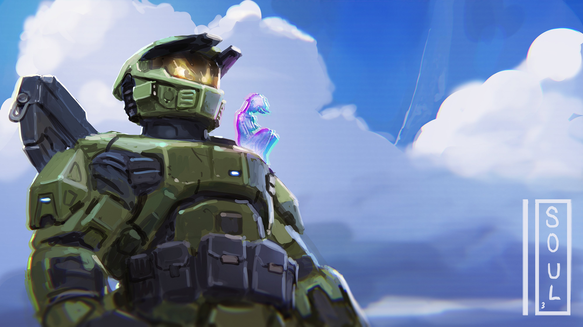 Master Chief with Cortana sitting on his shoulder.