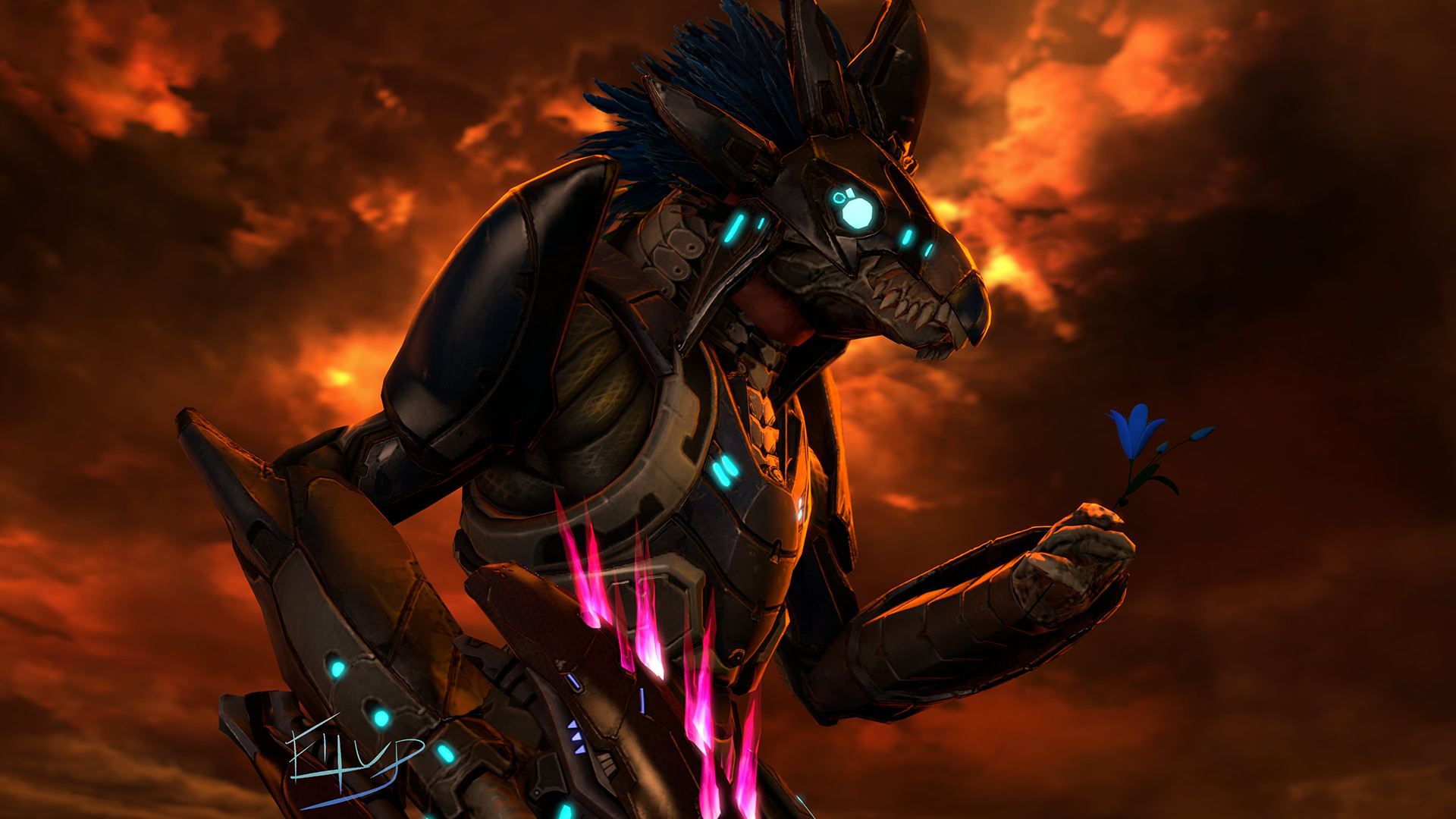 A Kigyar holding a Needler in one hand, and a blue flower in the other.