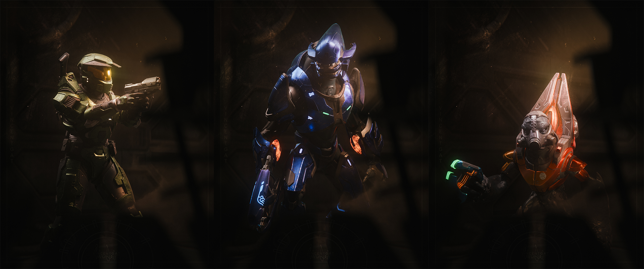 A collage of 3 images: Master Chief, an Elite, and a Grunt