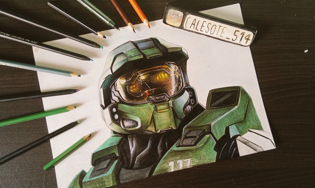 Master Chief drawn in colored pencils.