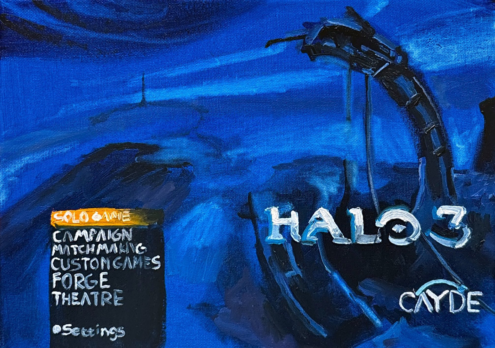 An oil painted canvas of the Halo 3 menu screen.