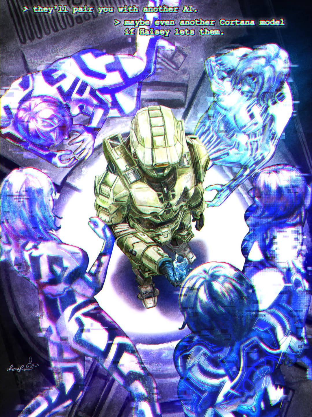 Master Chief surrounded by various Cortana models and the text, "they'll pair you with another A I. Maybe even another Cortana model if Halsey lets them."