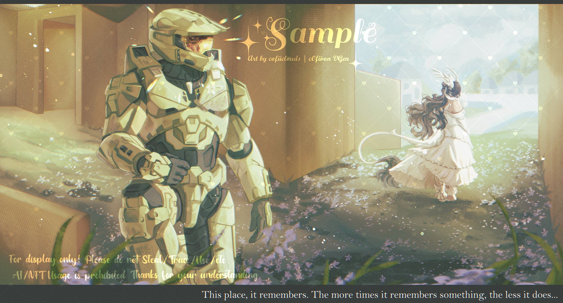Master Chief in the foreground, staring at a damsel in the background.