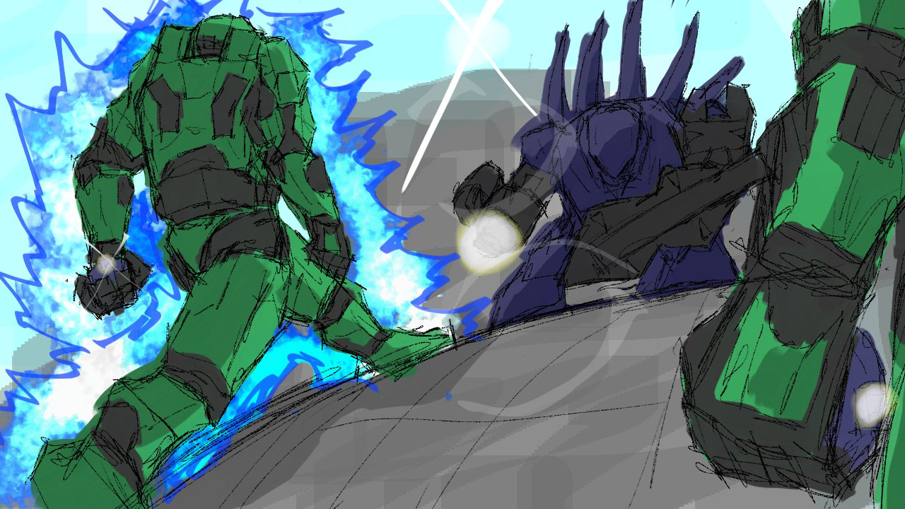 Master Chief facing off against a Hunter