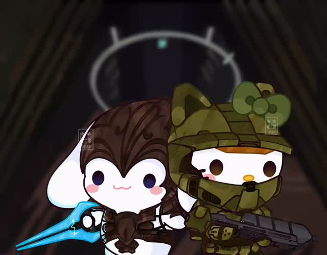 Master Chief and the Arbiter back to back except they're Hello Kitty and Cinnamoroll.