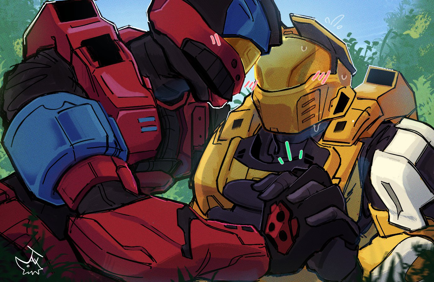 A yellow Spartan and a red Spartan holding hands.