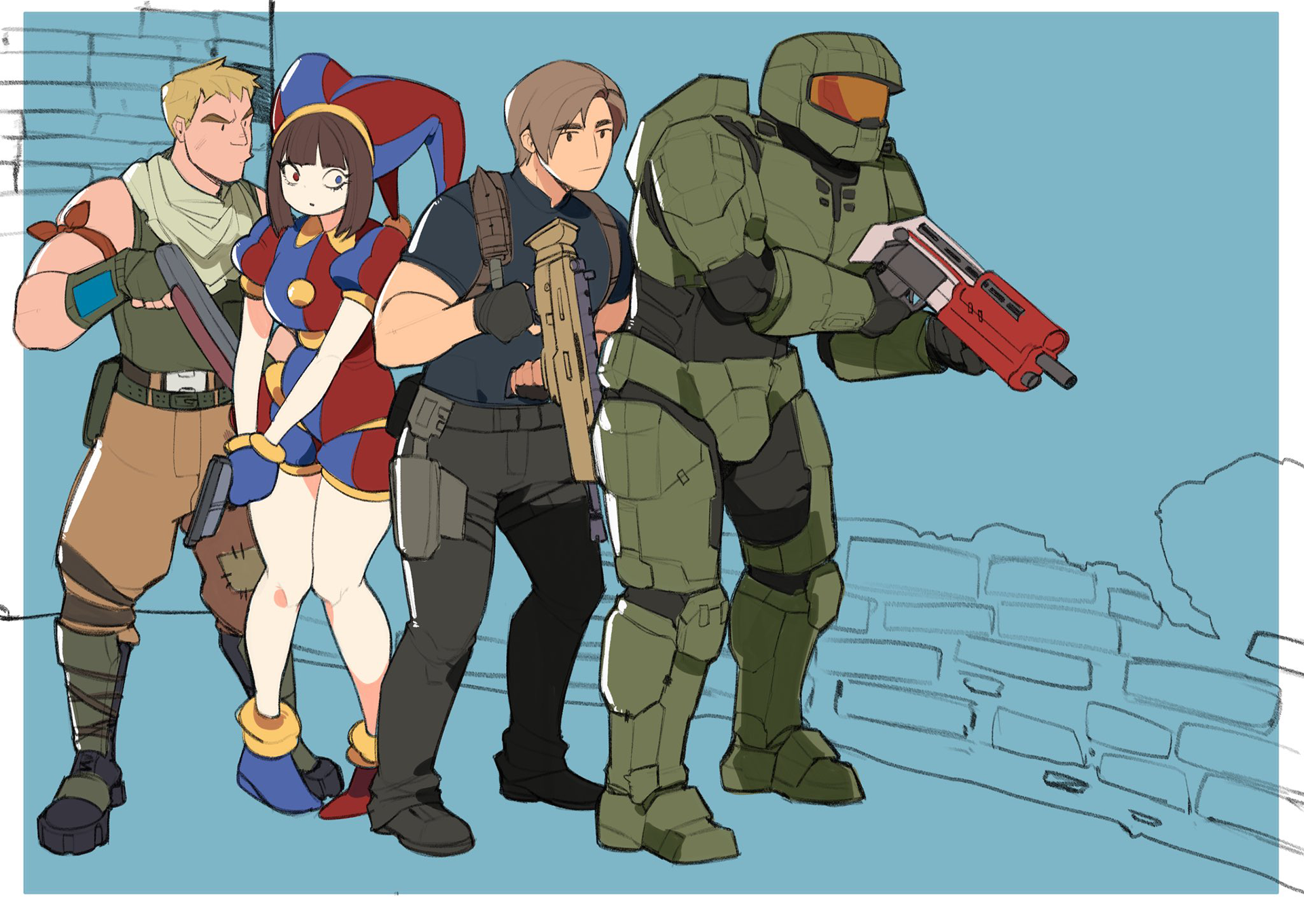 A team full of various characters including Master Chief and Leon from Resident Evil.