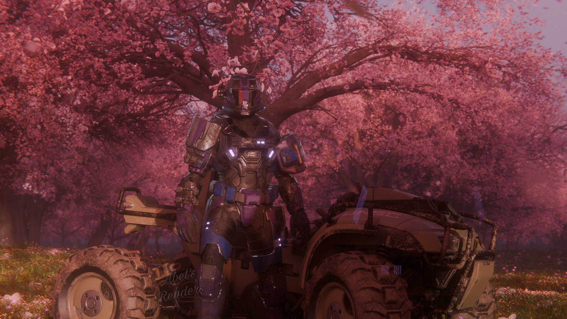 A Spartan in front of a Mongoose in a lovely forest.