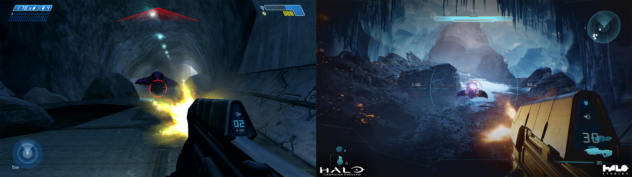 A side-by-side comparison of gameplay from Halo: Combat Evolved and Halo: Campaign Evolved. The Master Chief takes aim at an approaching Ghost with his assault rifle.