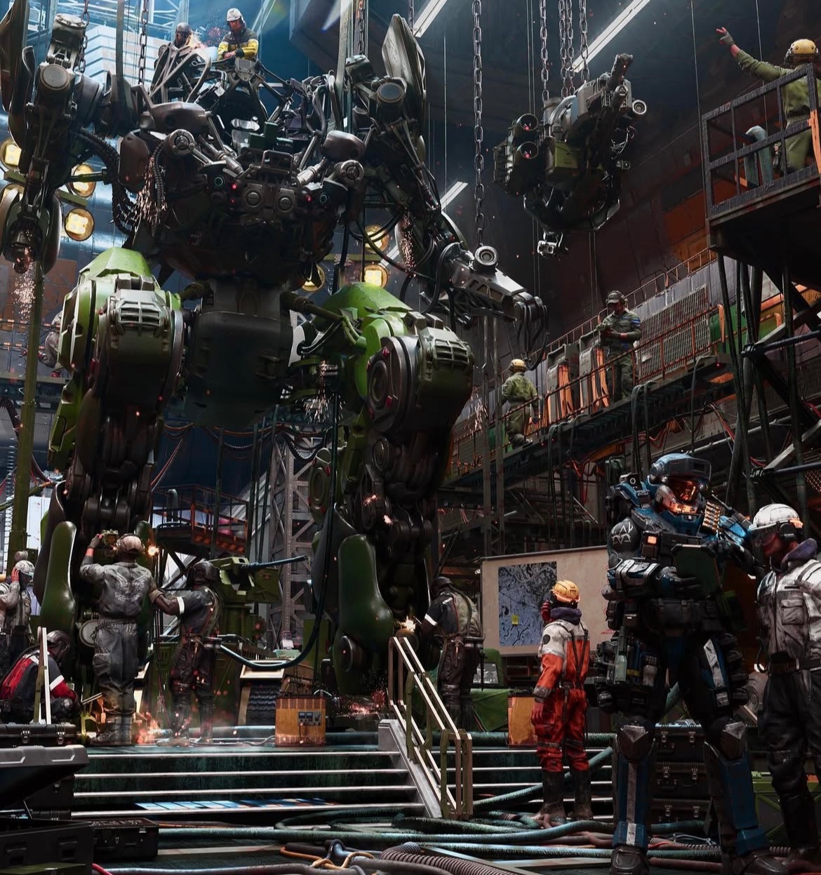 Futuristic scene of a Mantis being constructed.