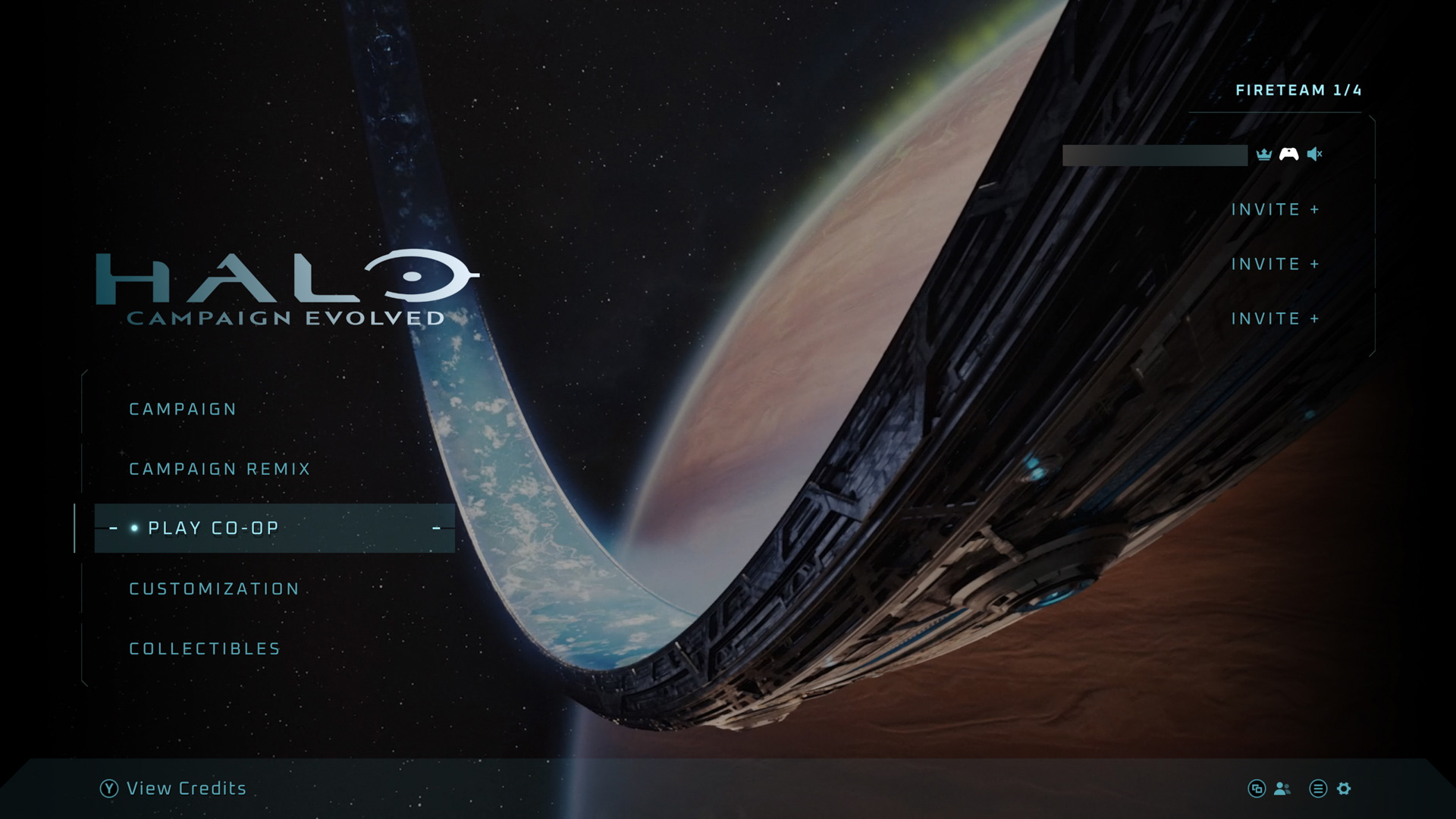 Halo: Campaign Evolved main menu. A blinking dot appears beside the "Play Co-op" menu option.
