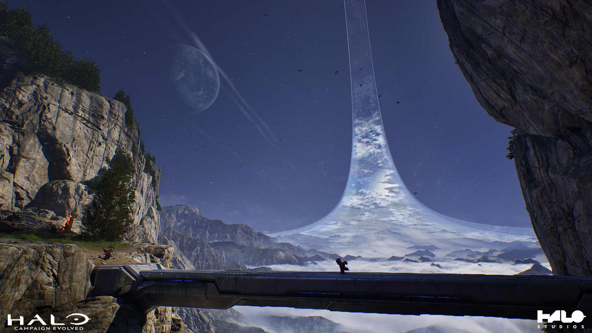 Halo: Campaign Evolved gameplay. A pair of Grunts searches for UNSC survivors in the iconic start to "Halo," the second remade mission.