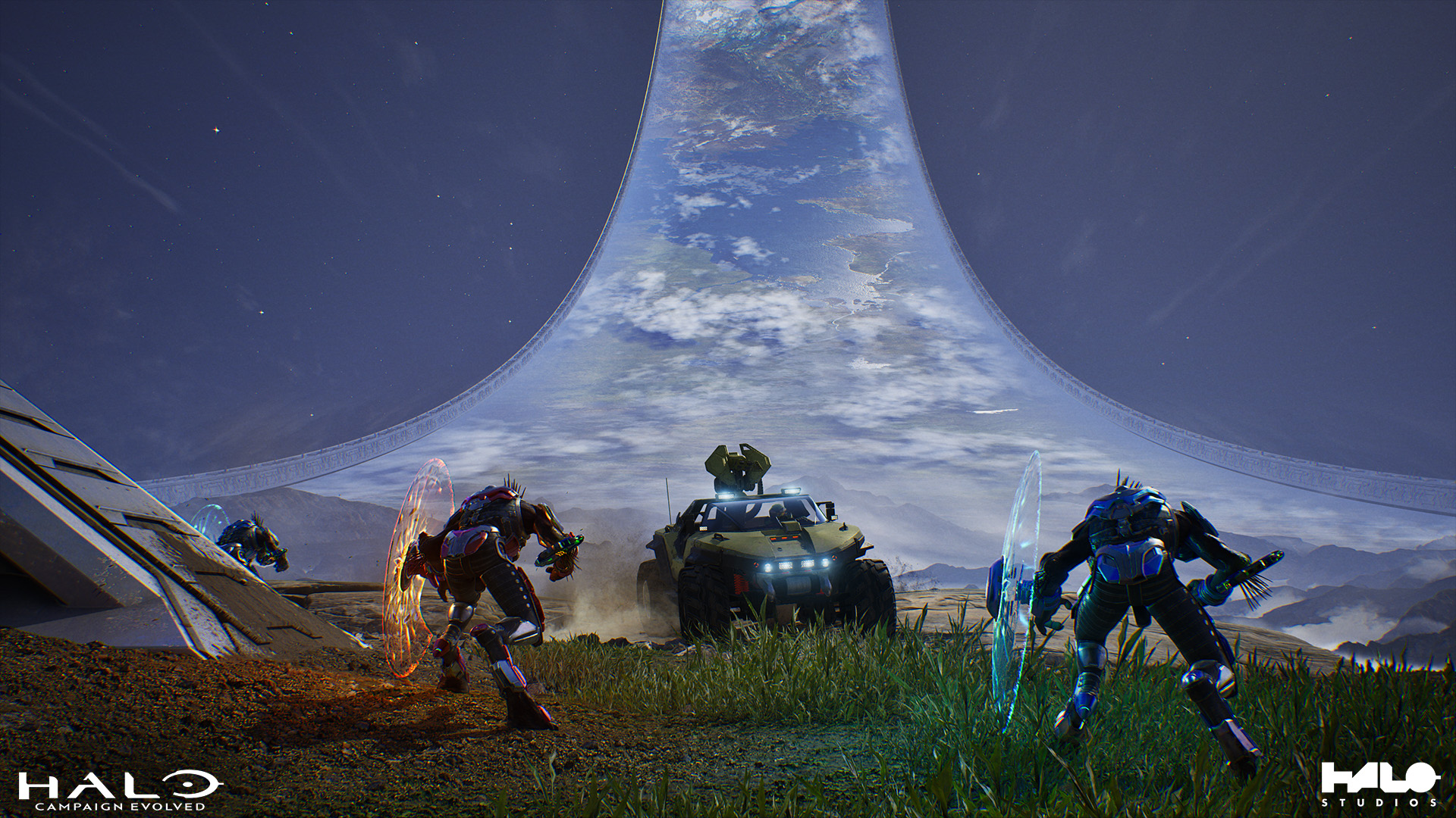 Halo: Campaign Evolved gameplay. The Master Chief races a Warthog toward two approaching Jackals.
