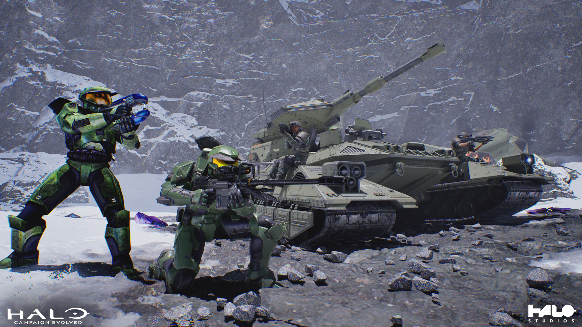 Spartans take aim near a Scorpion tank ridden by UNSC marines.