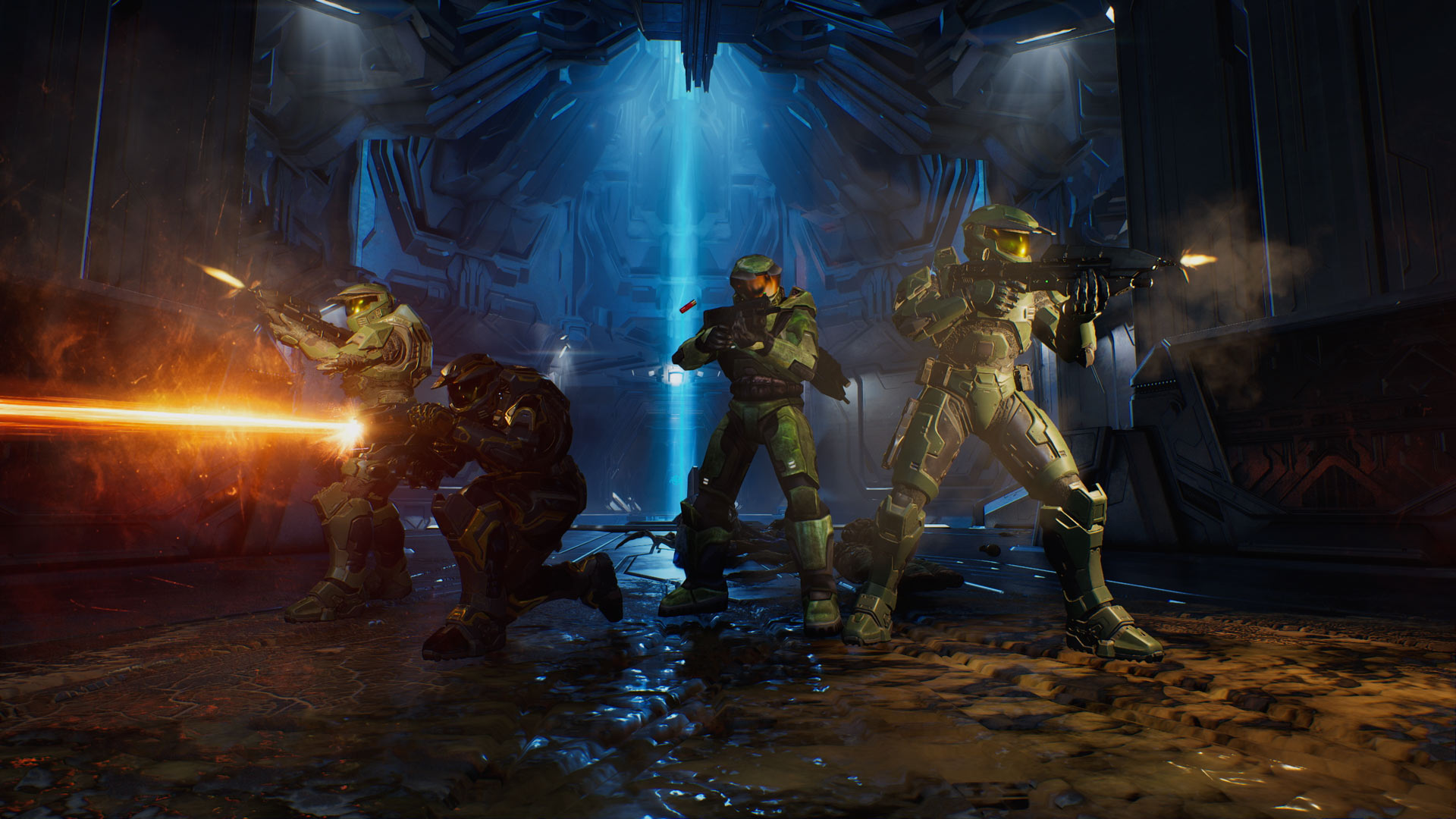 Four co-op players stand in tight formation firing weapons at unseen enemies.