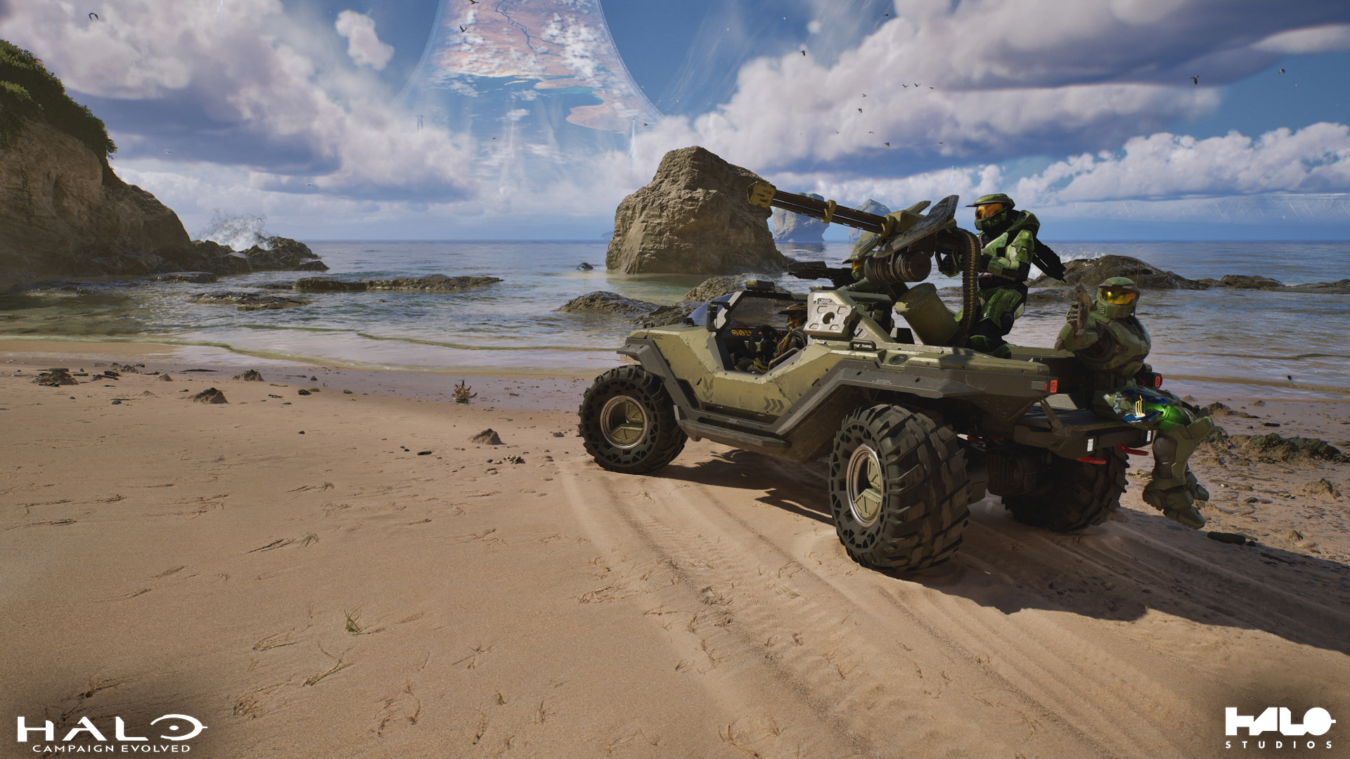 Spartans race across the shoreline of the Silent Cartographer in a Warthog.