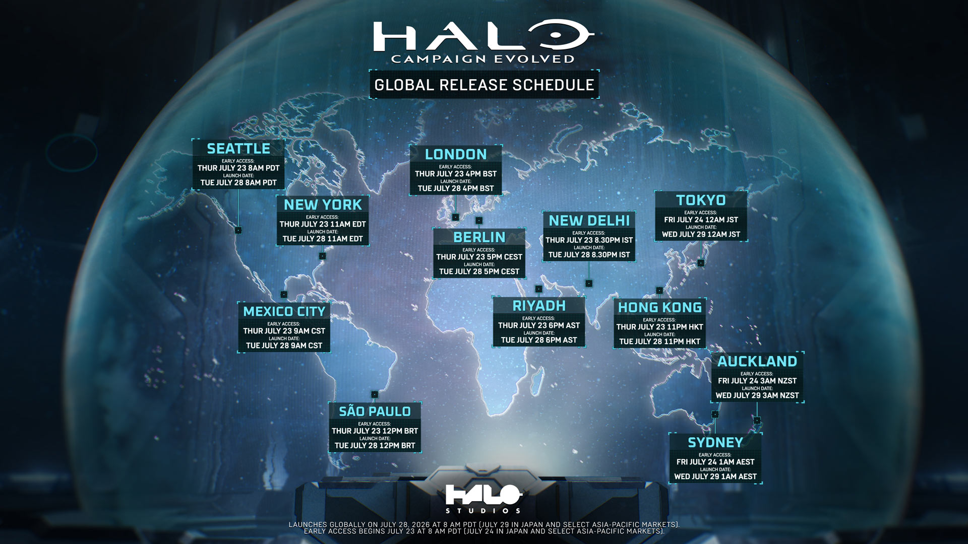 Halo: Campaign Evolved global release schedule. Early Access and Global Launch times are represented as dots over major world cities with localized regional launch times.