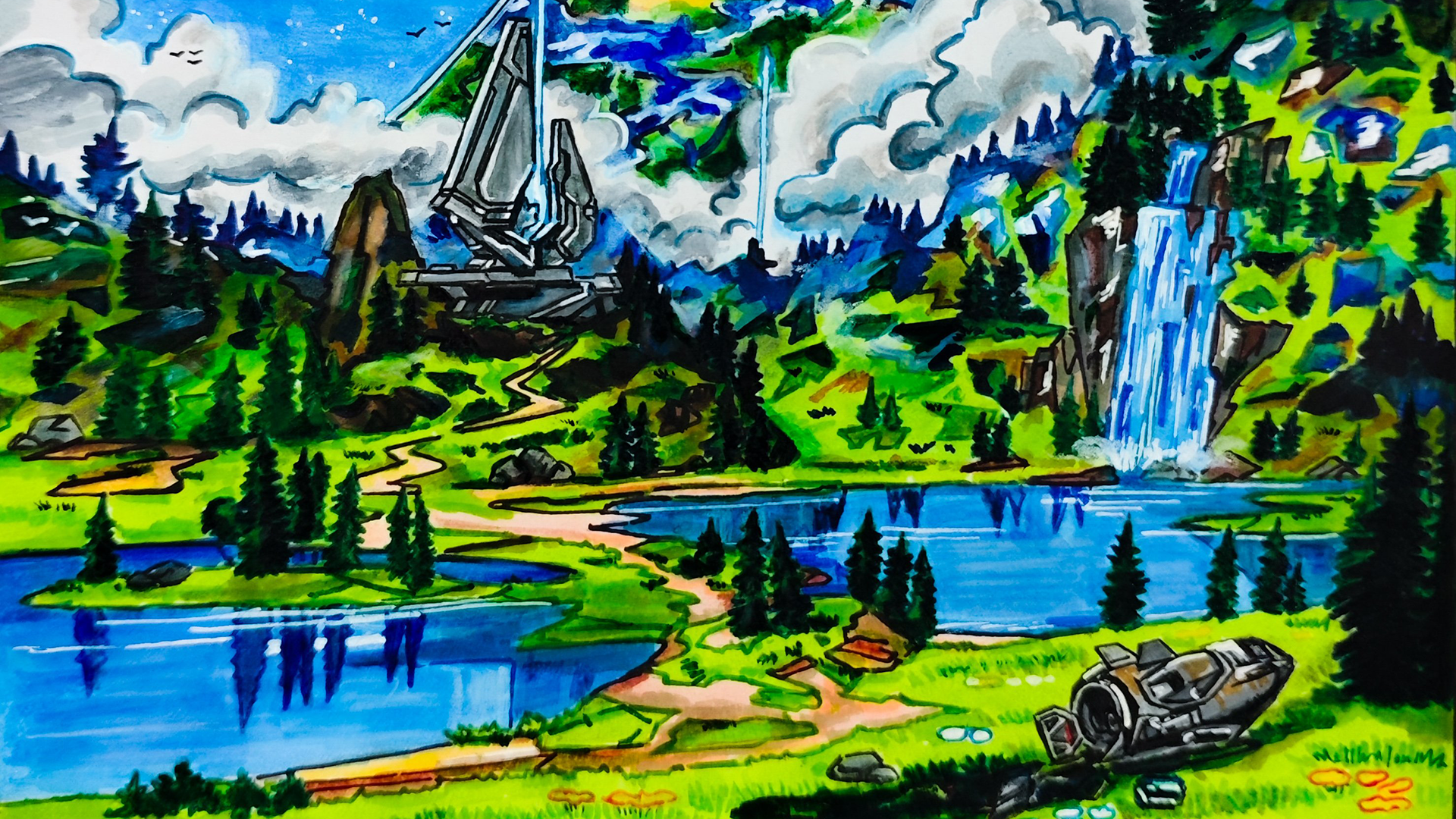 A Halo vista with a Forerunner tower and a river in it.