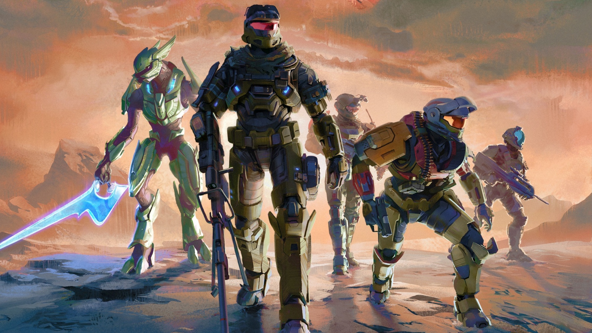 Crop of Halo: Fireteam Noble cover art depicting Jun-A266, Rosenda-A344, Hieu Dinh, Sigrid Eklund, and Atis 'Moramai