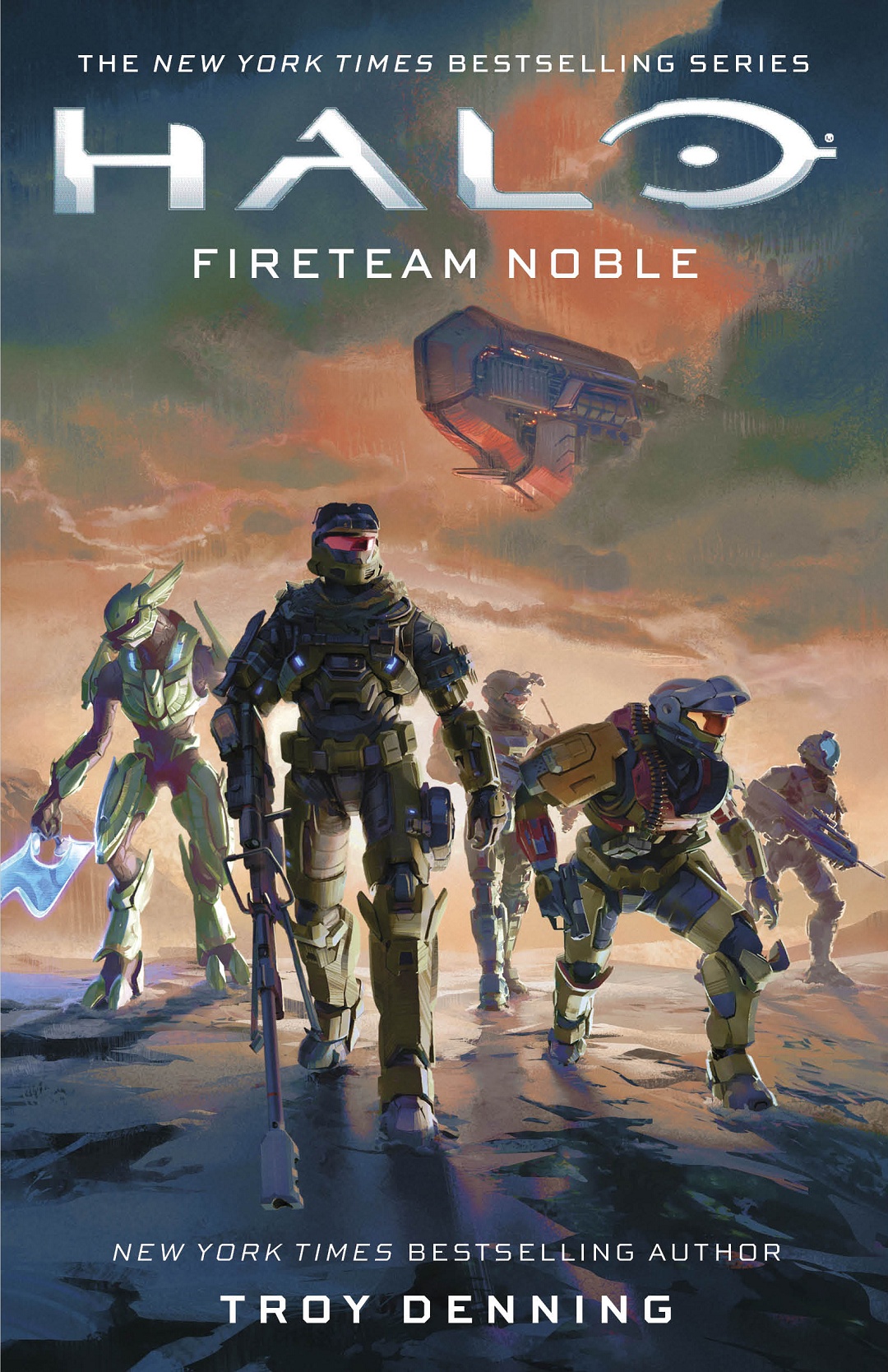 Halo: Fireteam Noble cover art depicting Jun-A266, Rosenda-A344, Hieu Dinh, Sigrid Eklund, and Atis 'Moramai with a Banished dreadnought in the background