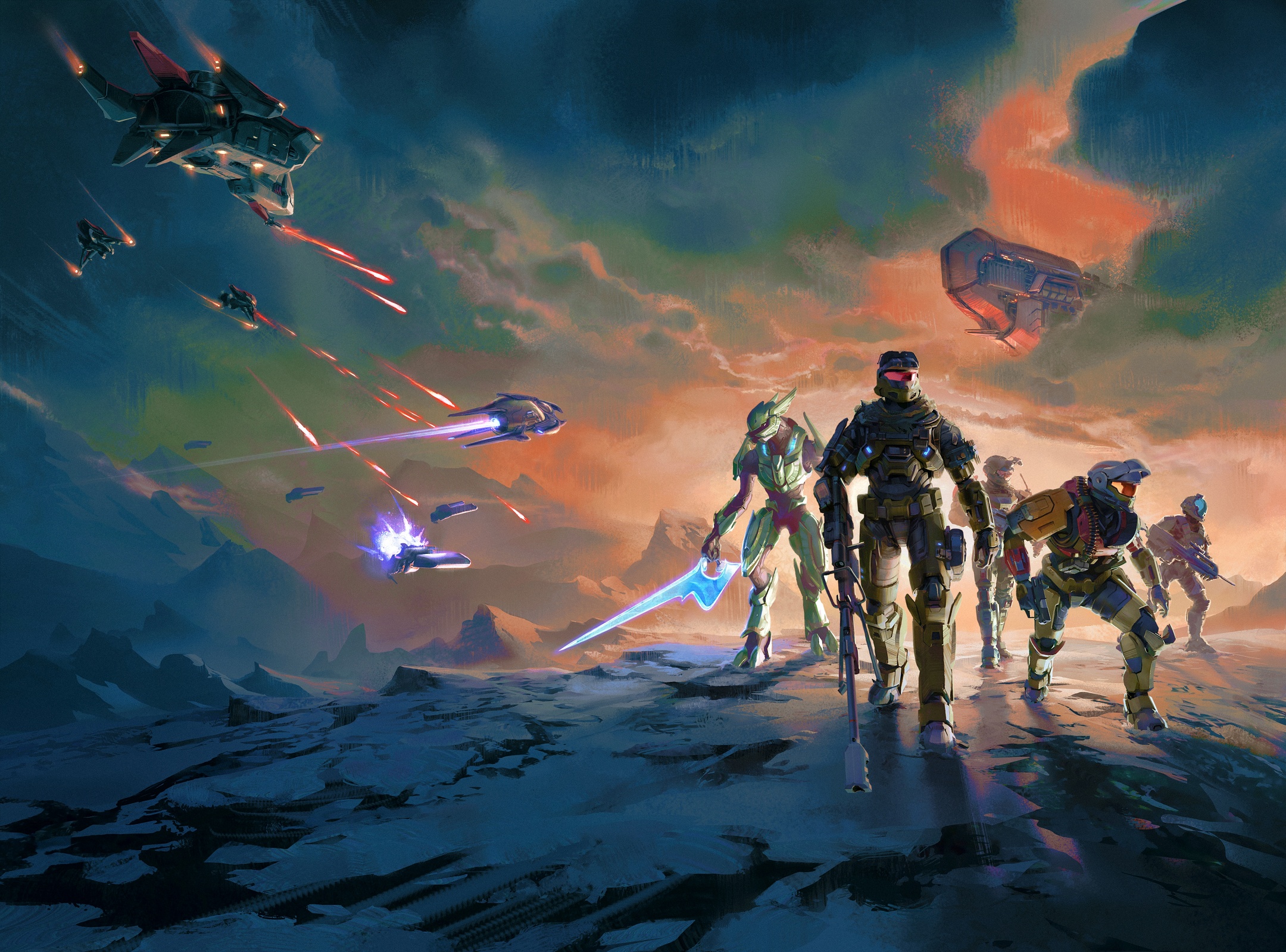 Full Halo: Fireteam Noble cover art depicting Jun-A266, Rosenda-A344, Hieu Dinh, Sigrid Eklund, and Atis 'Moramai with a Banished dreadnought in the background and dogfighting among alien vessels