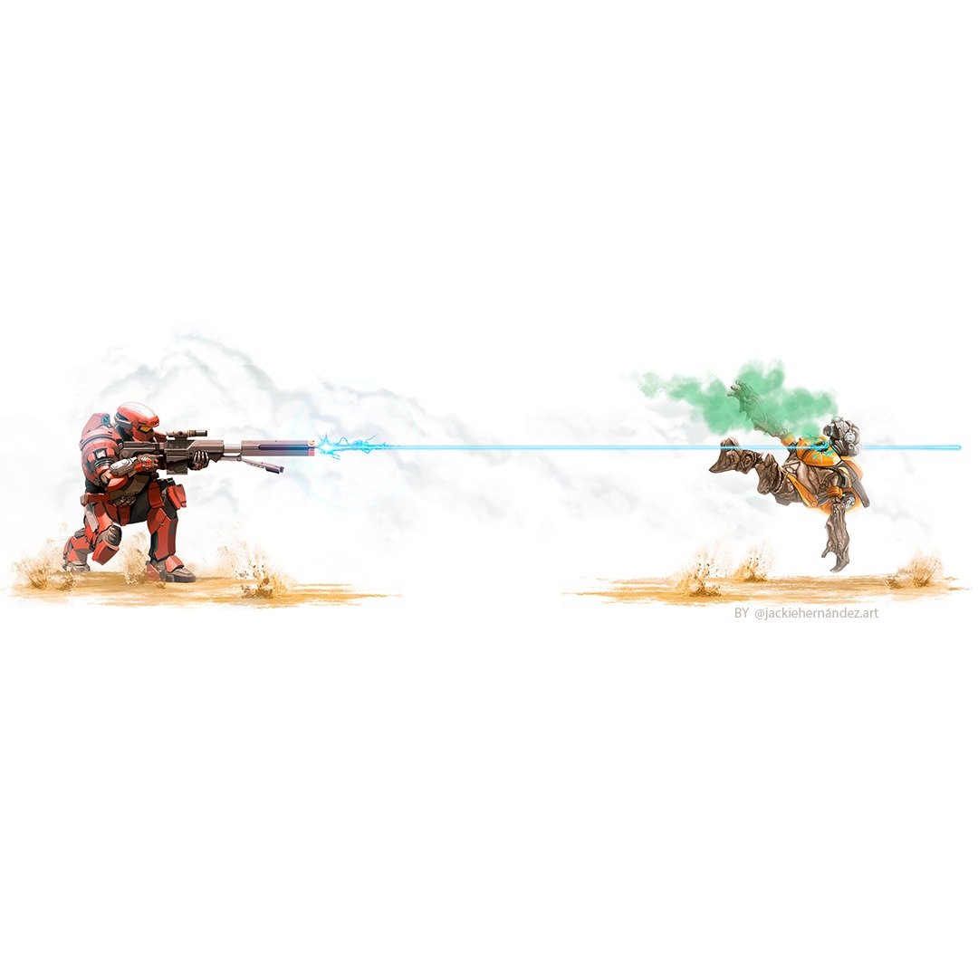 Art by JackieHernndez6. A Spartan blasts a Grunt with the Stanchion sniper rifle.