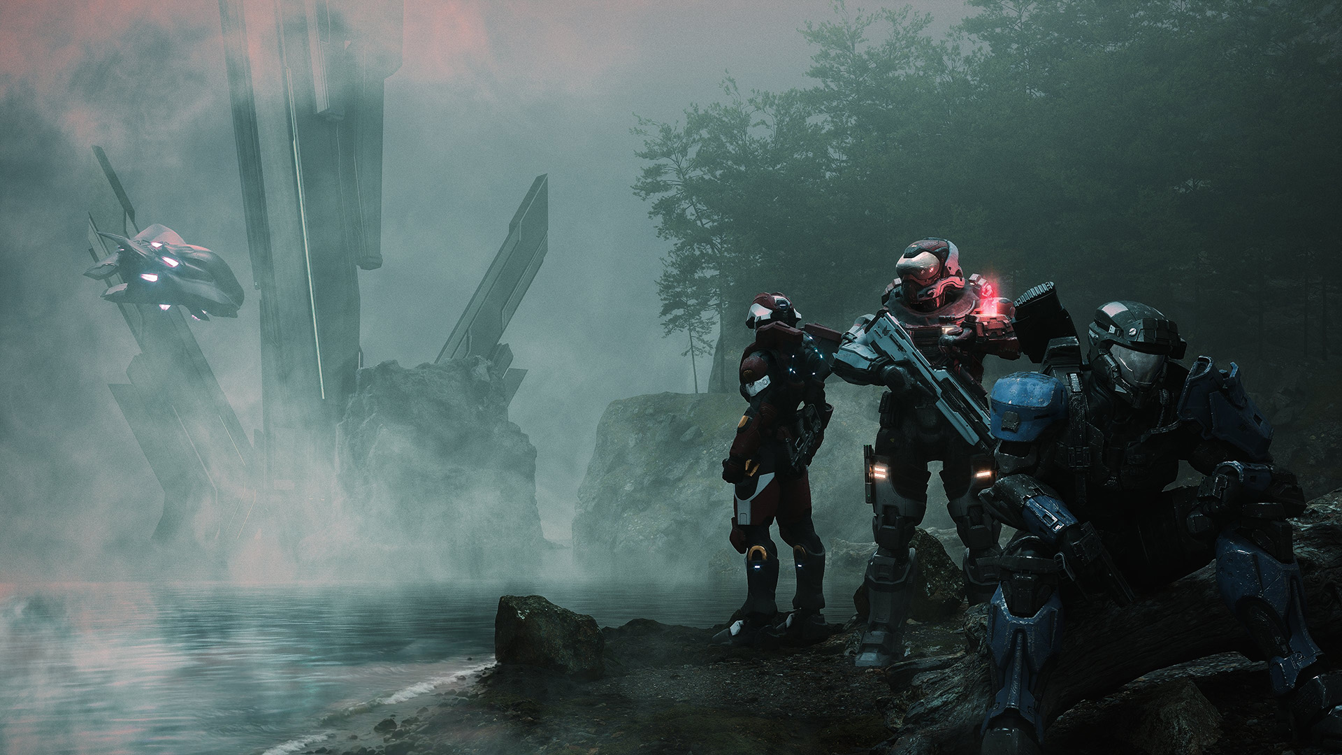Art by NeoAmron. Spartans huddle in the gloom as a ship approaches a Forerunner installation.