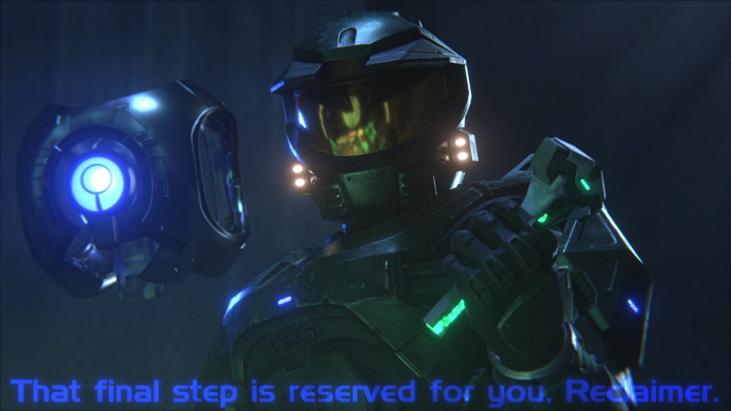 Art by PalpyTheFrog. The Master Chief holds the Index as 343 Guilty Spark explains, "That final step is reserved for you, Reclaimer."