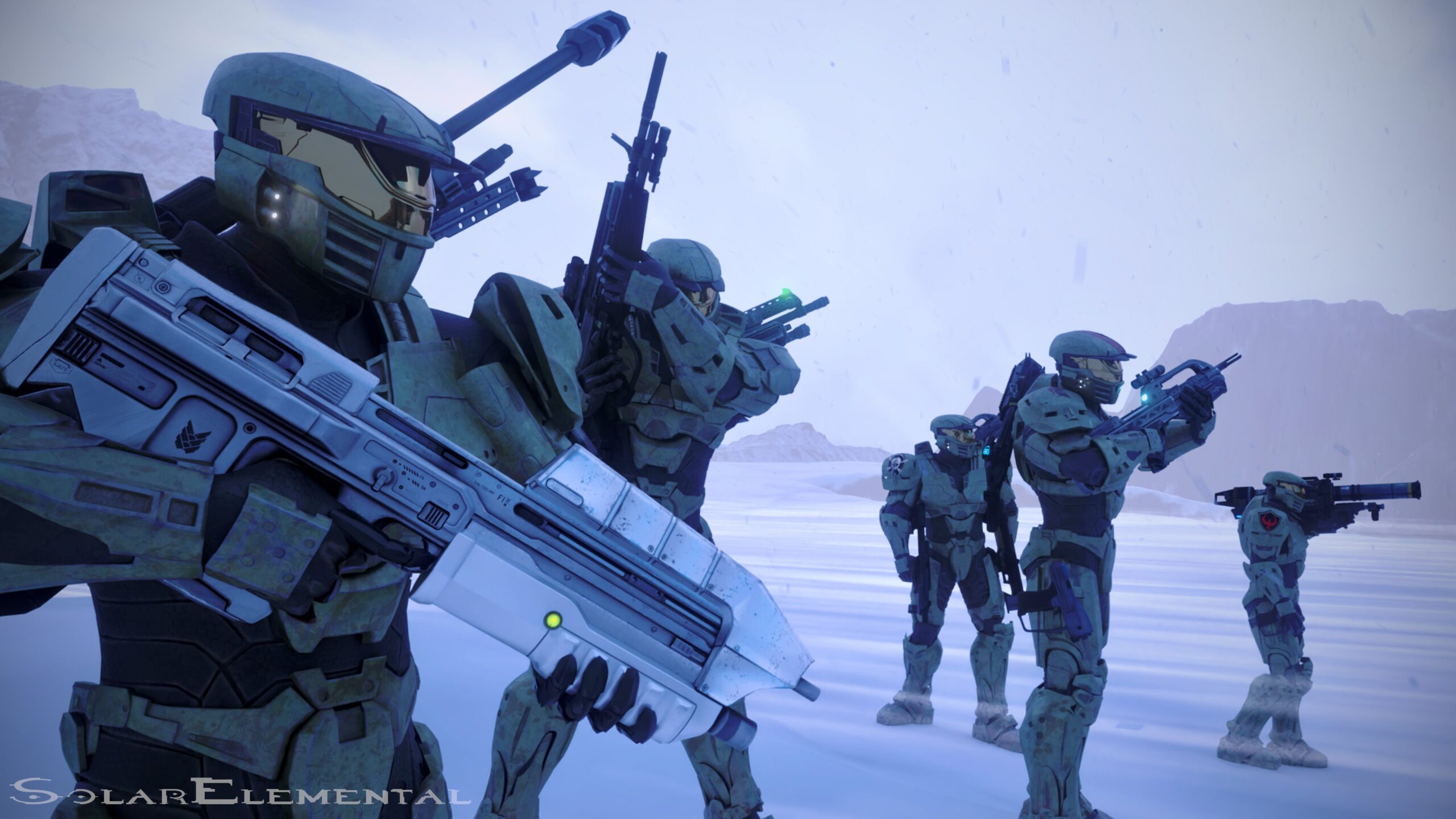 Art by Solar_Elemental. A group of Spartans bears various weaponry.