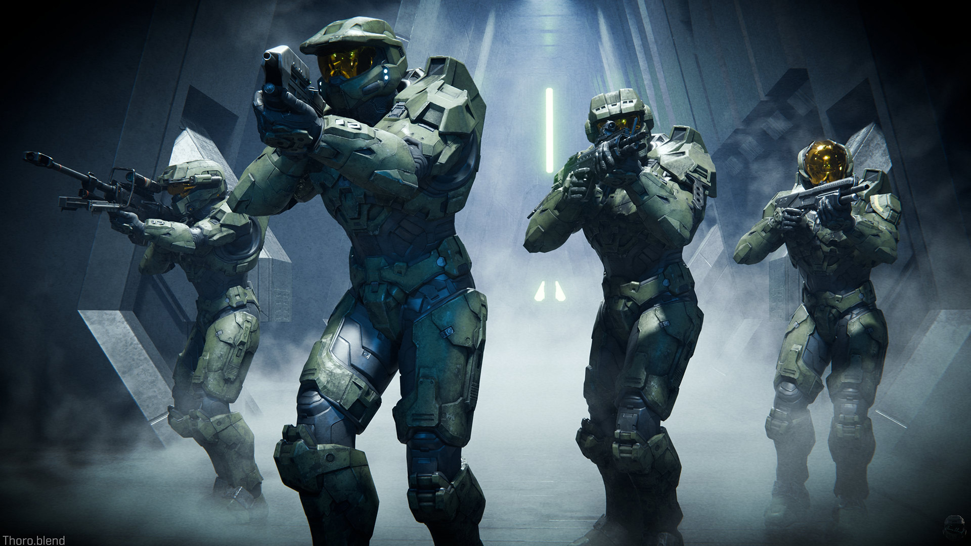 Art by Thoro_blend. Blue Team advances in formation down a Forerunner hallway.