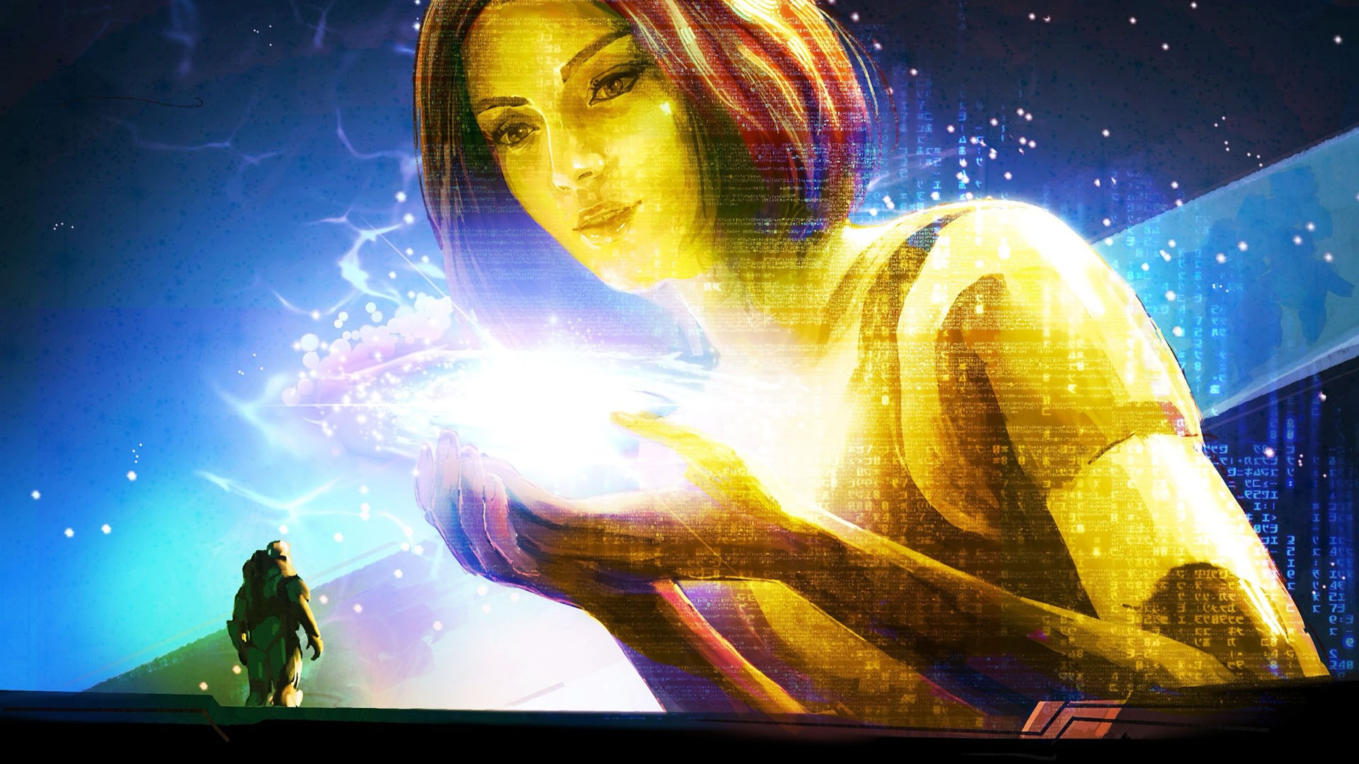 Art by el.lych. A colossal Cortana holds a galaxy in her open palms before the Master Chief.