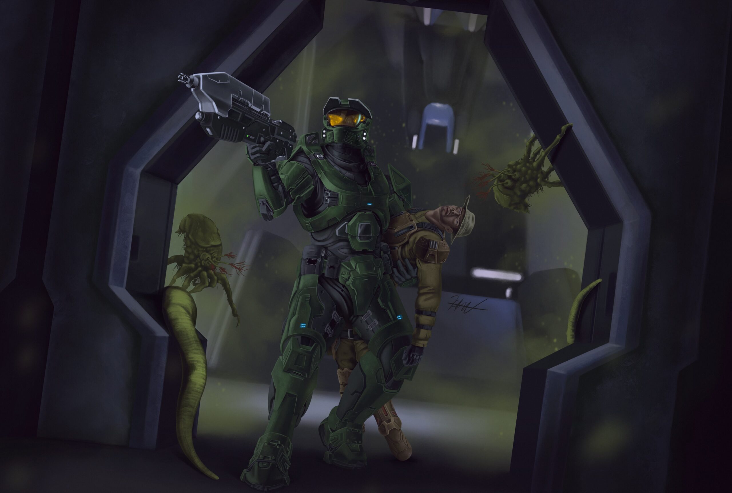 Art by nobleclonetrooper. The Master Chief retreats in horror from the Flood while dragging away a deceased marine.
