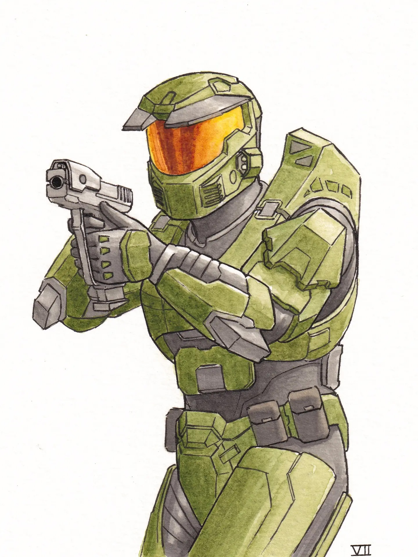 Art by spartan.cassius. The Master Chief aims his M6 pistol.