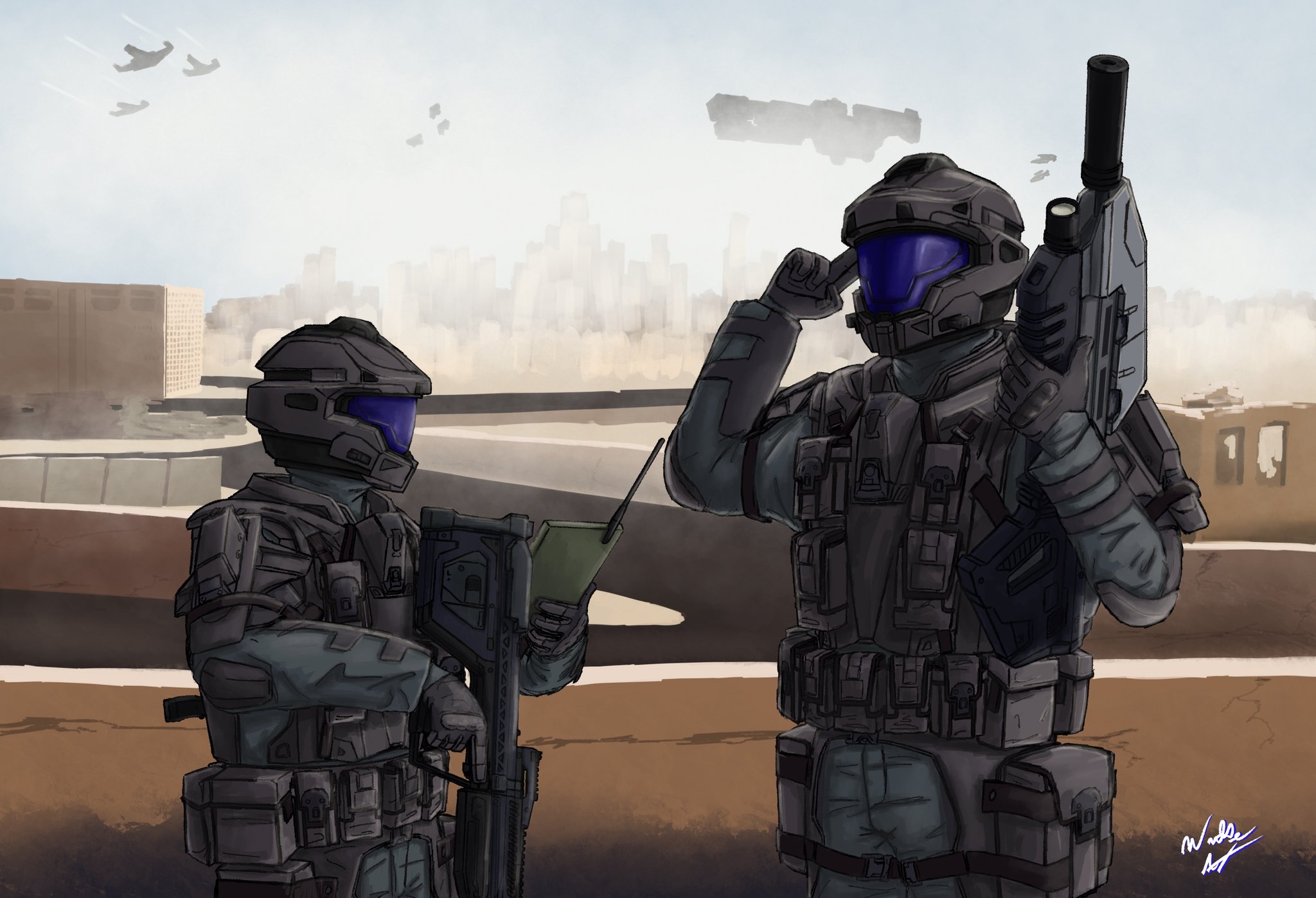 Art by wulfeart. UNSC soldiers radio their allies.