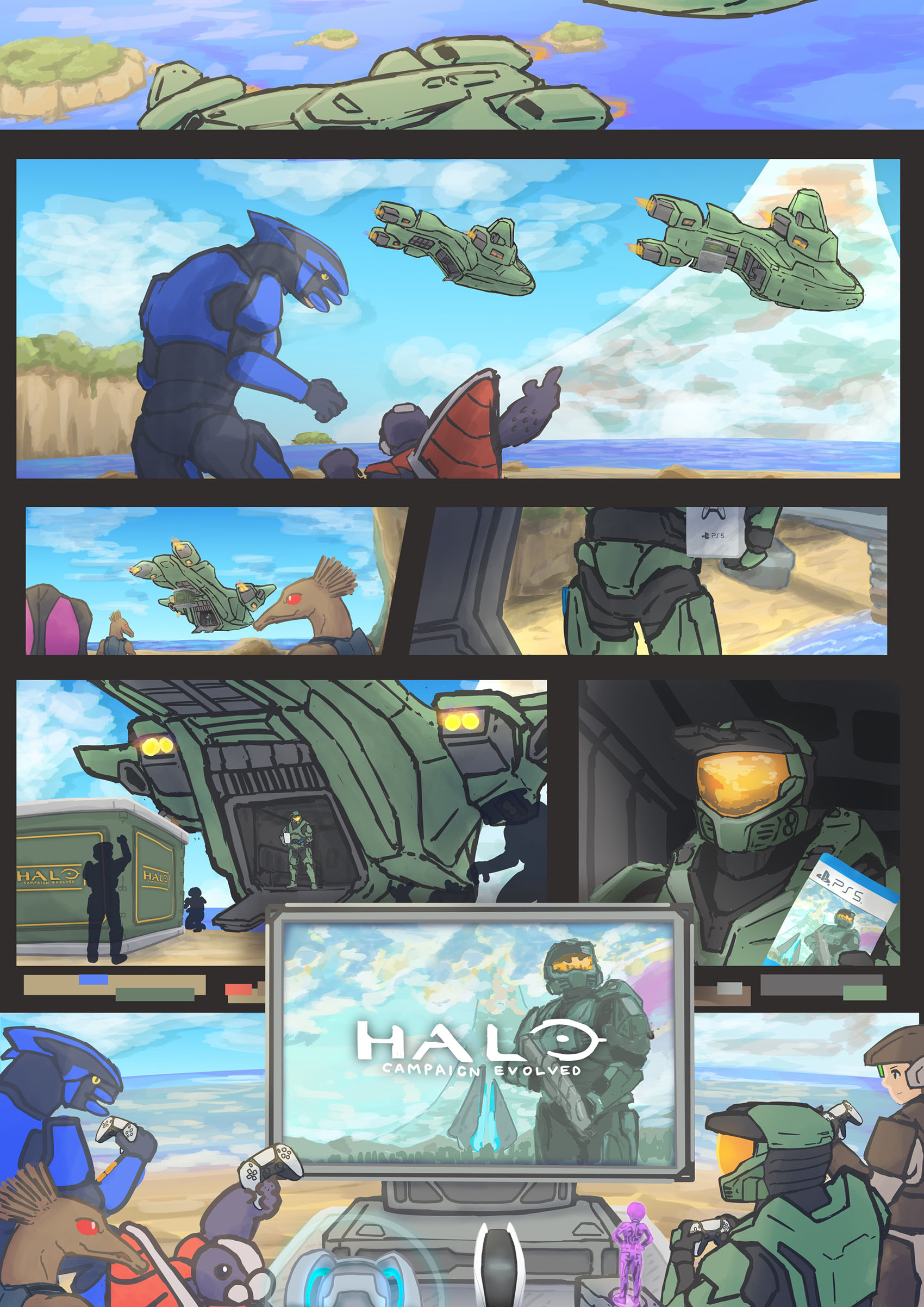 Art by 0cp6y03326454j. In a comic strip, the Master Chief's Pelican lands on the beachhead of the Silent Cartographer, and the hero offers the waiting Covenant forces a copy of Halo: Campaign Evolved on PlayStation 5. In the final panel, they all play together on one console.