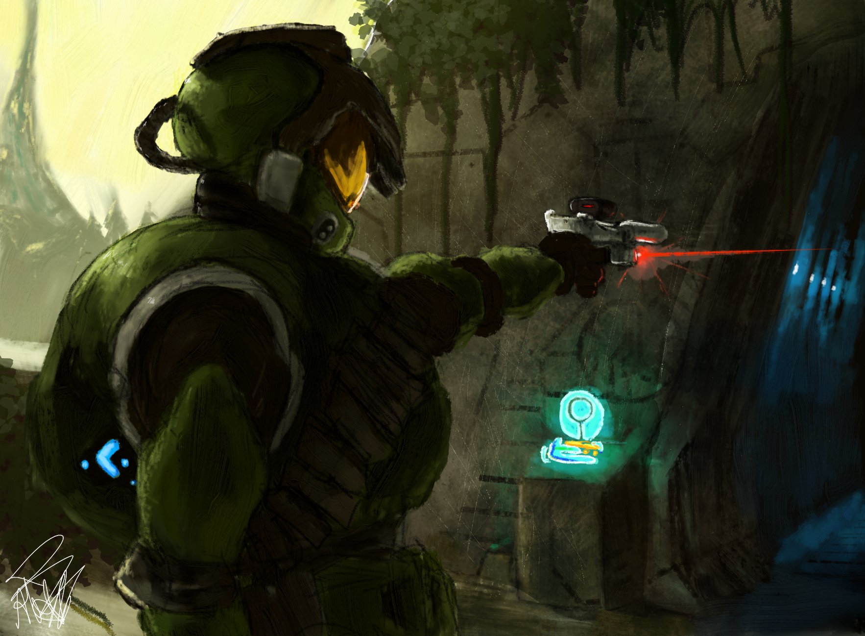 Art by AlexB207Swag. A Spartan in ORION armor aims a weapon down the entry corridor of an overgrown Forerunner installation.