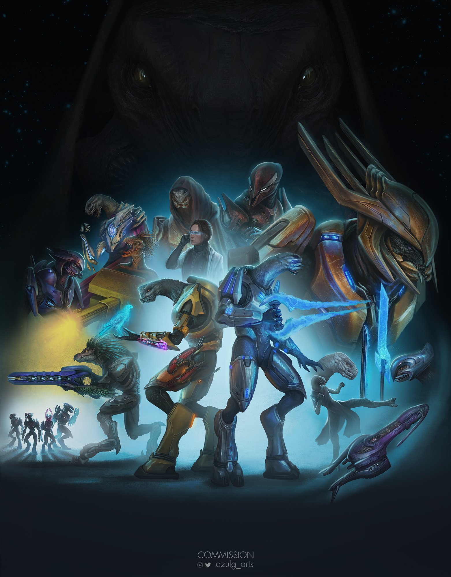 Art by Azulg_Arts. A movie poster treatment arranges various fan-made Sangheili characters, a human doctor, and a Kig-Yar scout, along with a mysterious alien entity watching from above.