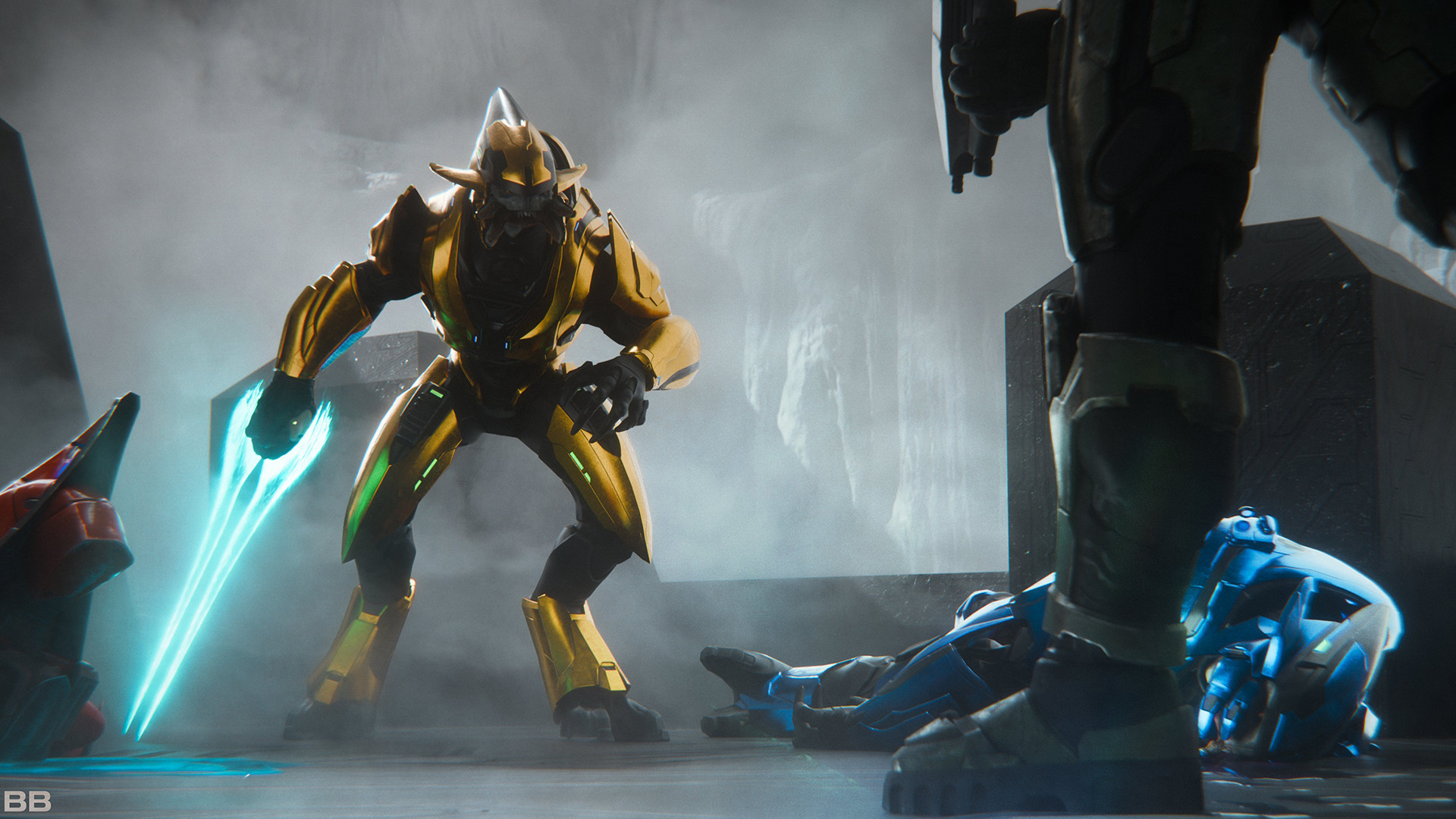 Art by BB12_fx. An Elite sword-fighter bears down on the Master Chief, whose defiant foot occupies the foreground.