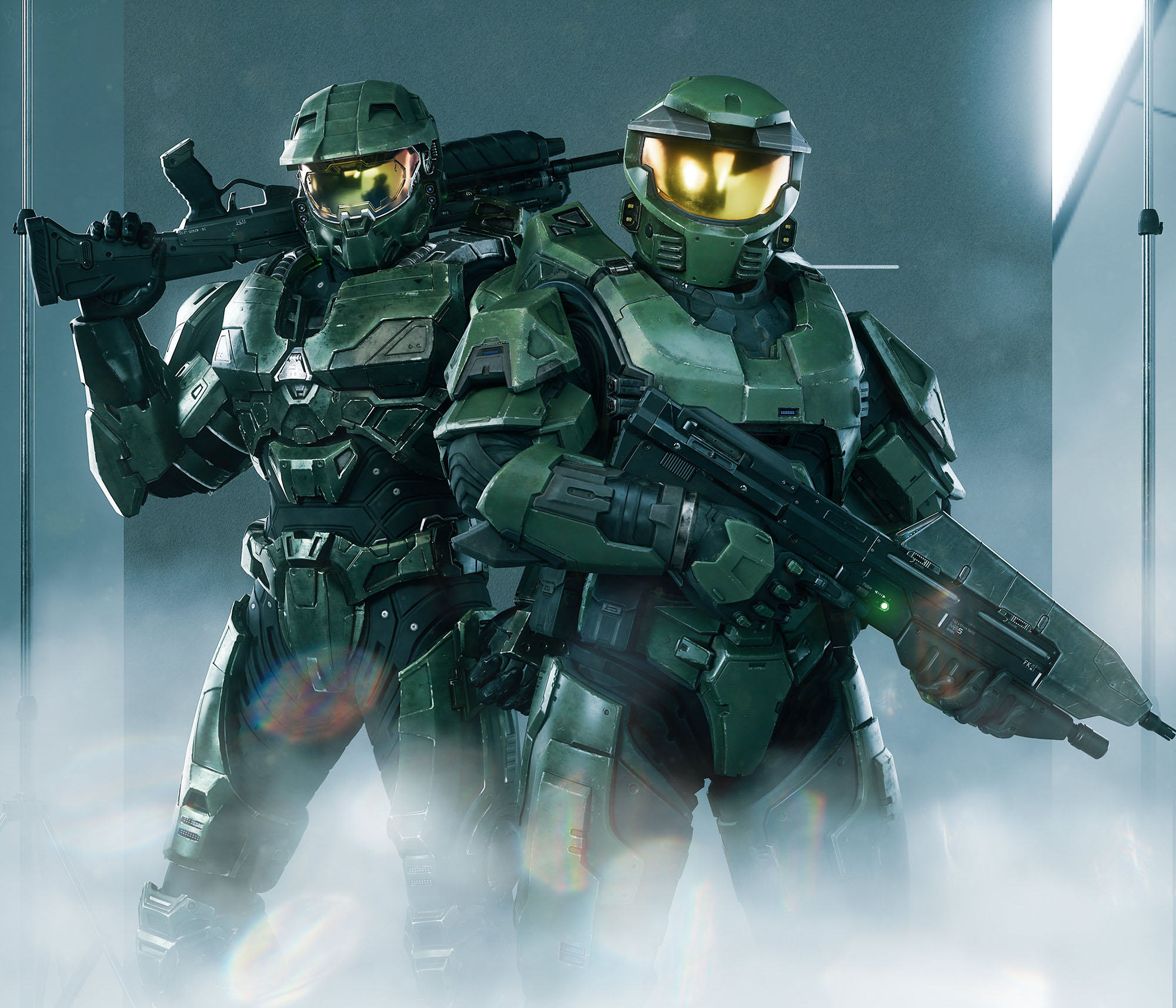 Art by B_does_stuff. Two versions of the Master Chief are depicted side by side. The hero of Halo Infinite lugs a shotgun on his shoulder, while his Halo: Campaign Evolved counterpart poses with an assault rifle.