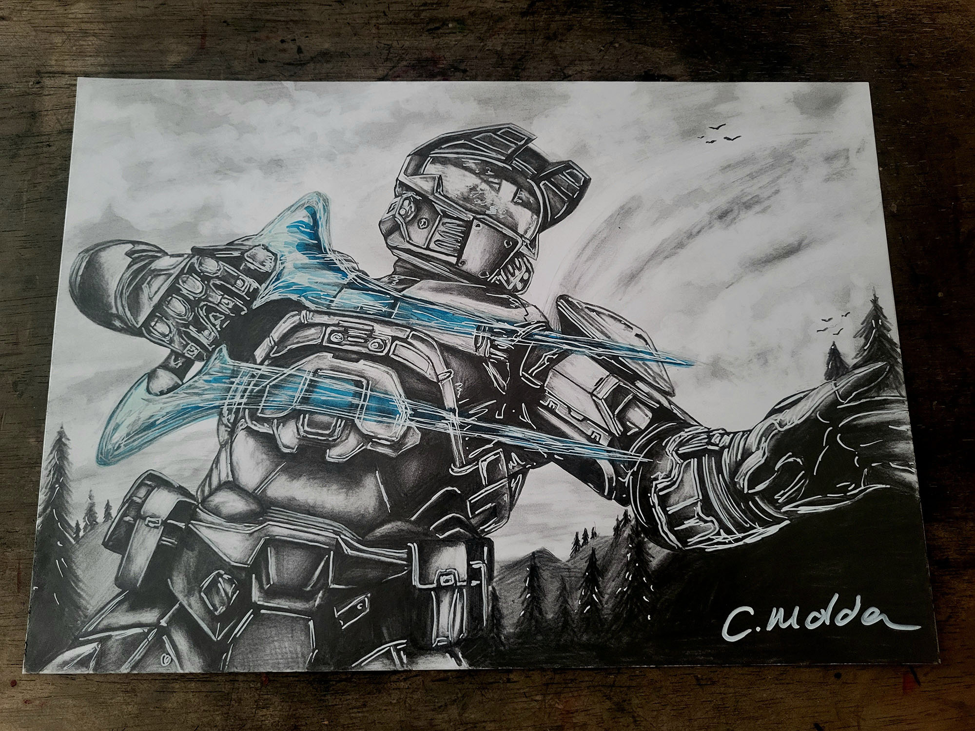 Pencil illustration by CMoldenFineArt. The Master Chief brandishes an energy sword in a recreation of the Halo: Campaign Evolved Collector's Edition box art.